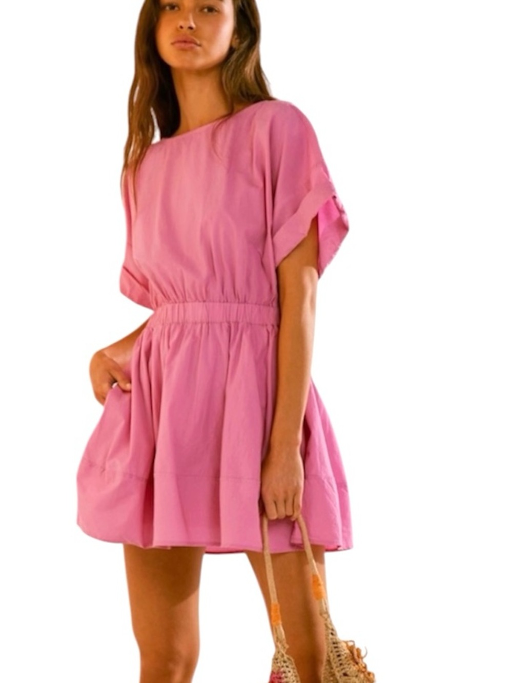 NEW Free People Magnolia Rose Pink Short Sleeve Mini Dress Cotton Summer Size XS